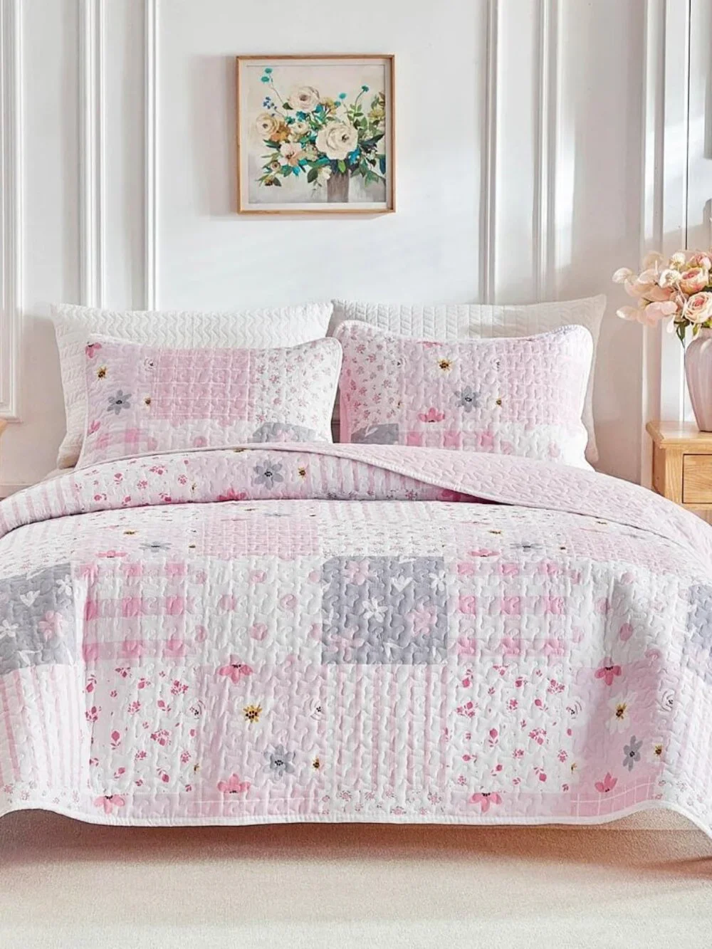 Floral Patchwork Quilt Set Twin Size, 2 Pieces Pink Flower Plaid Bedspread Cover